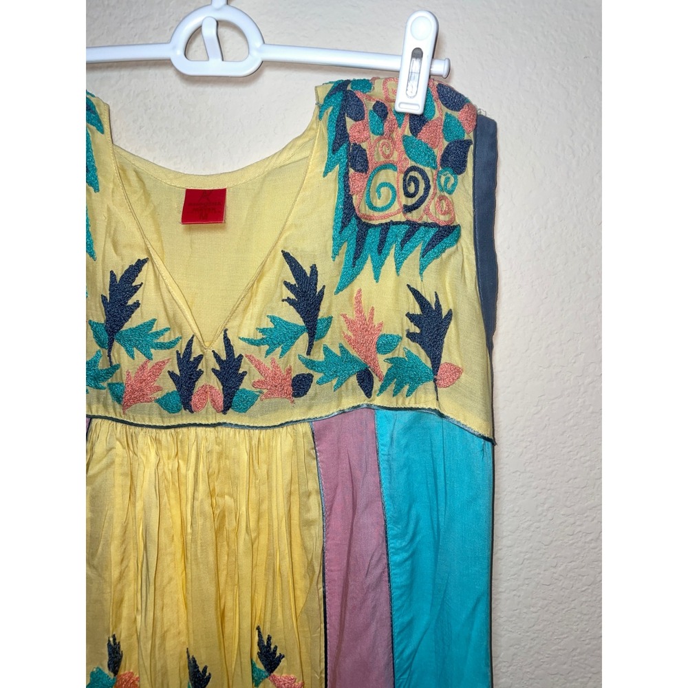 Vintage Cotton Embroidery Color Block Hippie Festival Boho Dress - Picture 7 of 9